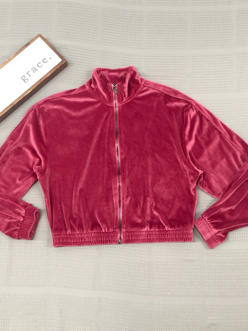 Y2K Victoria's Secret Dark Pink Velour Sweatshirt Jacket, Size Small